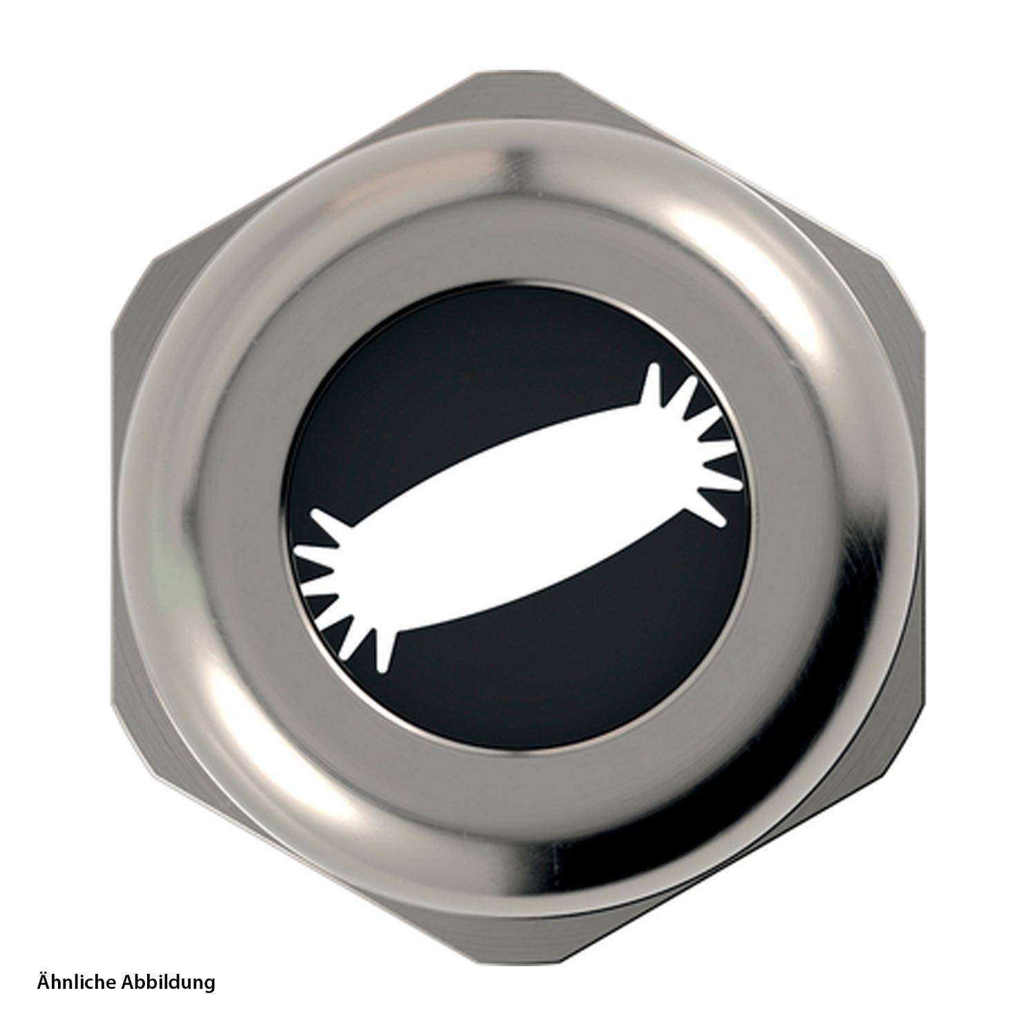 Ein kreisförmiger metallischer Knopf mit schwarzem Zentrum, das eine weiße abstrakte Form zeigt, die einer stilisierten, minimalistischen Sonne oder einem Bakterium ähnelt.