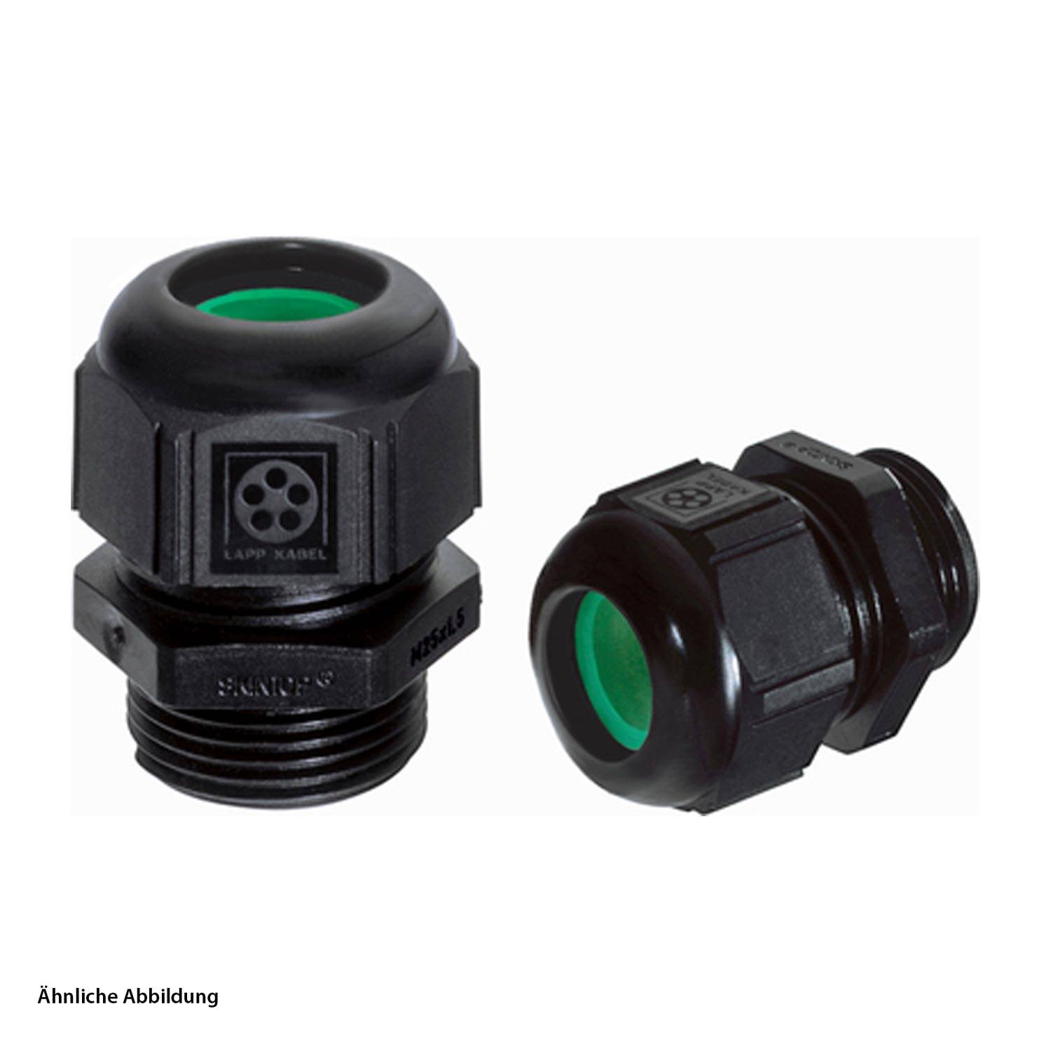 Zwei schwarze Kabelverschraubungen mit grüner Innenbeschichtung, verwendet zur Kabelbefestigung, mit dem Logo von Lapp Kabel.