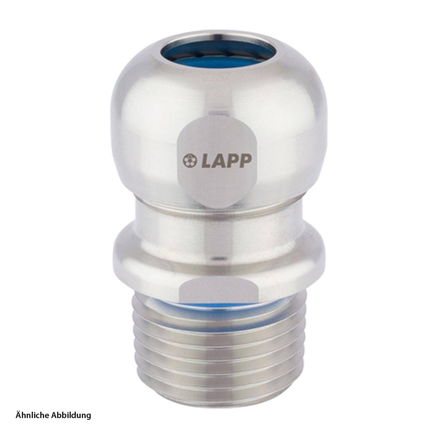 Eine metallische Kabelverschraubung mit glatter, abgerundeter Form, die in der Mitte das Logo 'LAPP' trägt. Verwendet zur Sicherung von Kabelverbindungen.