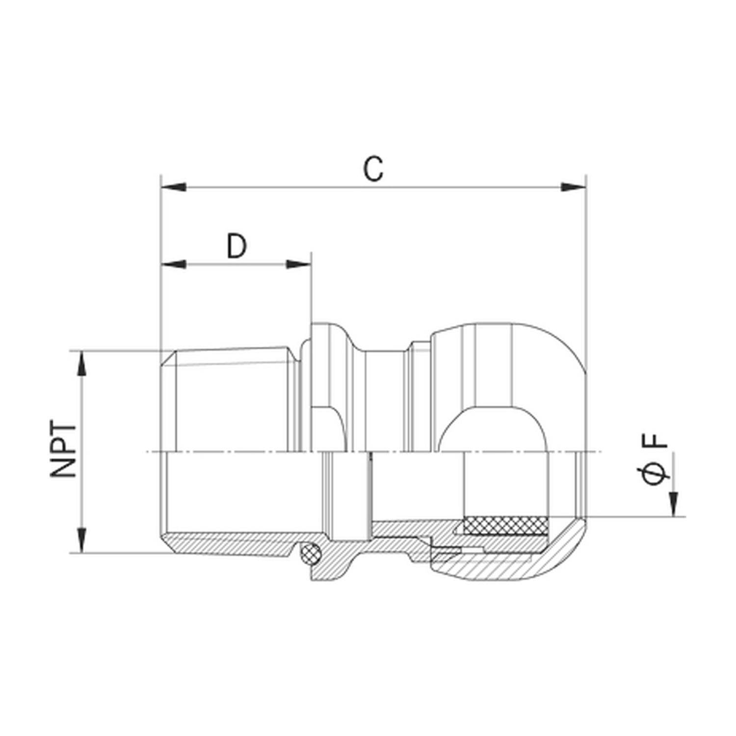 „Technische Zeichnung eines NPT-Anschlusses mit beschrifteten Dimensionen D, C und F, die eine Schnittansicht und Linien zur Maßangabe zeigt.
