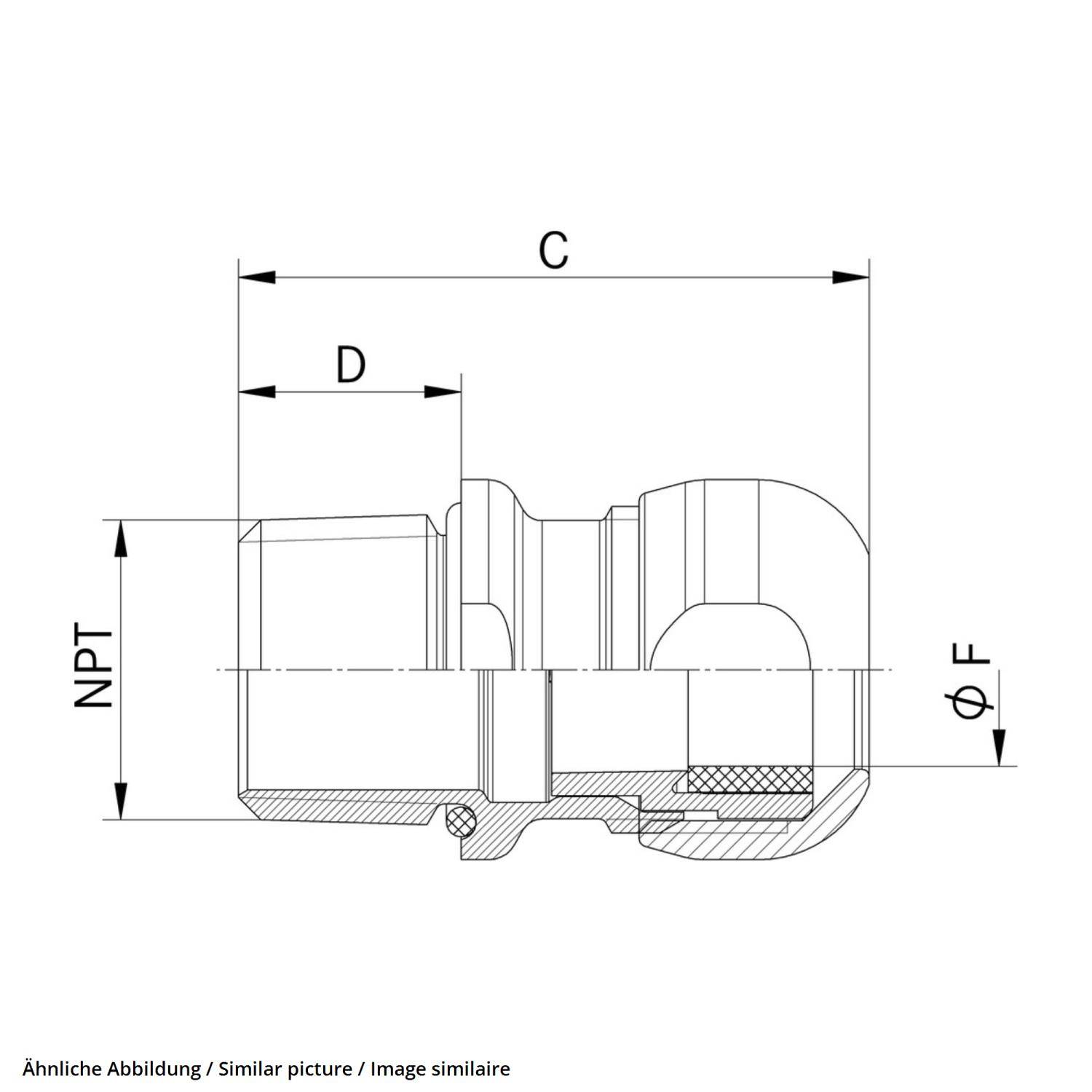 Technische Zeichnung einer Fitting mit beschrifteten Abmessungen C, D, 