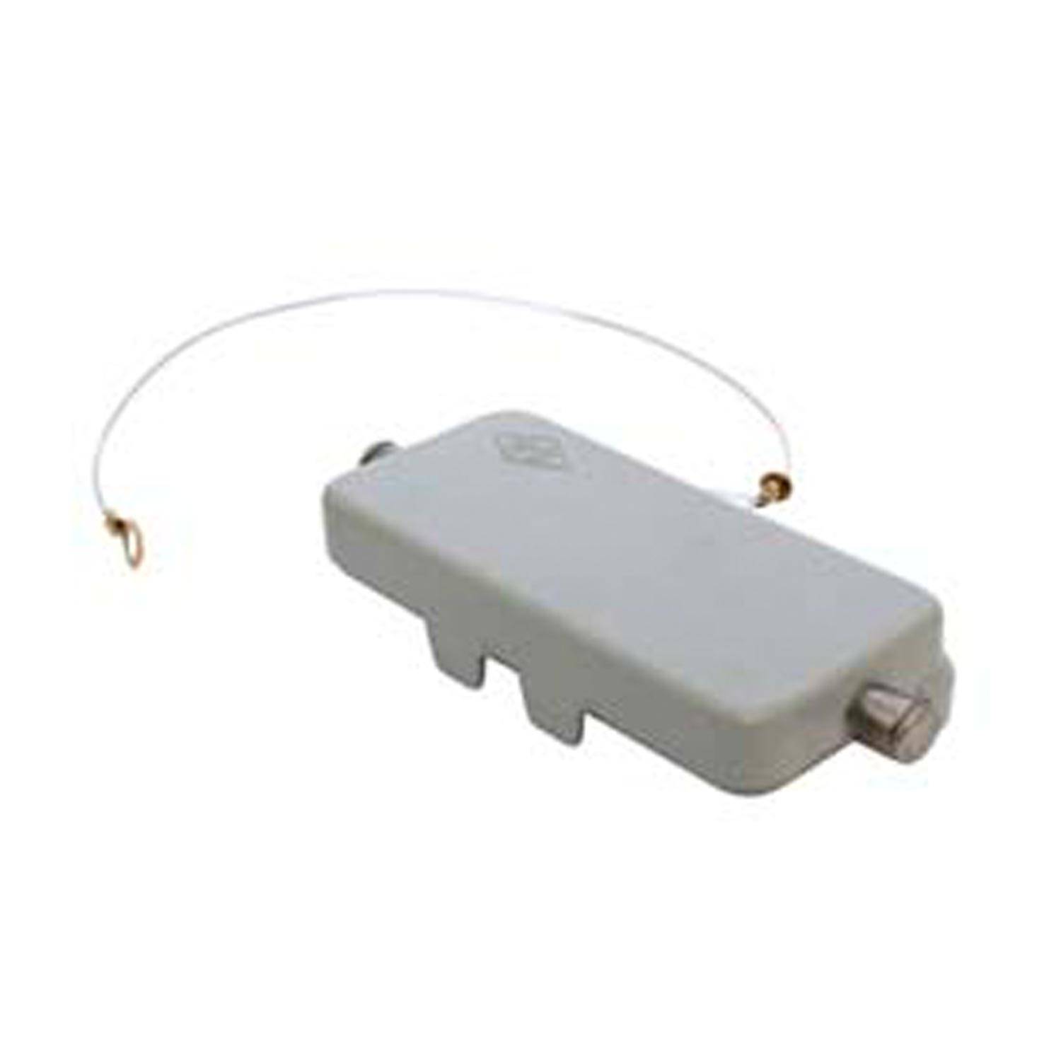 Ein weißer rechteckiger Transformator mit Metallverbindern und einer Drahtschleife oben, der in elektronischen Schaltkreisen zur Spannungsregulierung verwendet wird.