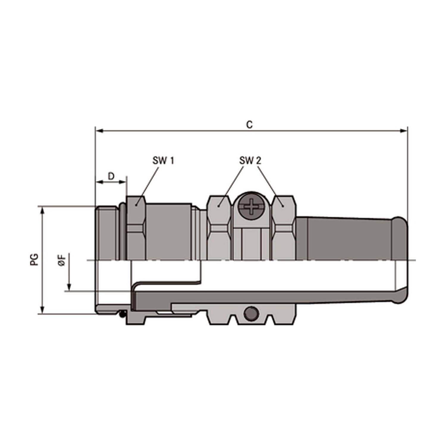 Technisches Diagramm einer hydraulischen Komponente mit beschrifteten Abmessungen: PC, GF, D, SW1, SW2, C. Seitenansicht mit Strukturdetails.