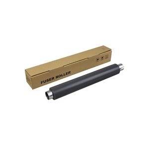 Eine schwarze Druckerwalze wird neben ihrer braunen rechteckigen Verpackungsschachtel mit der Aufschrift „Fuser Roller