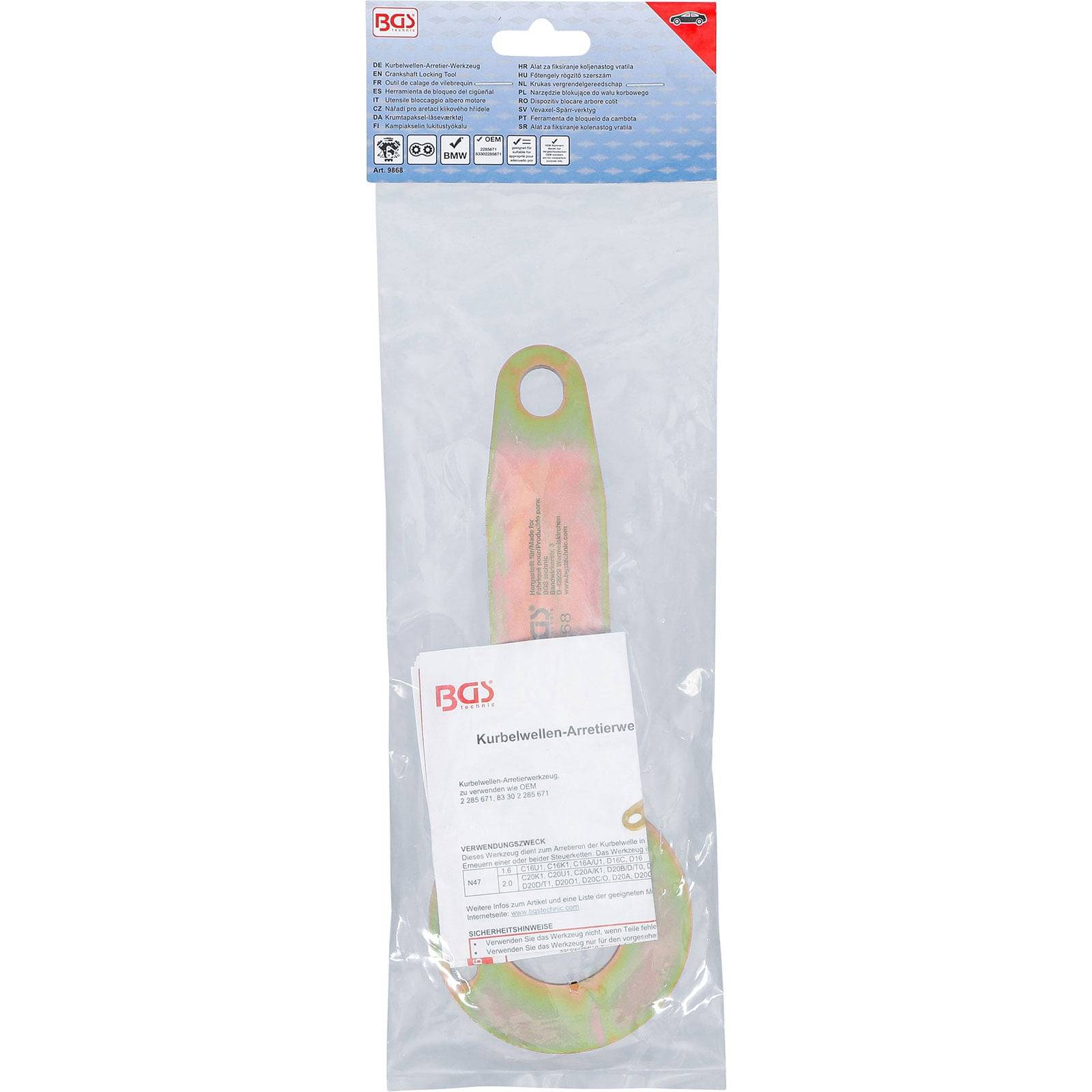 Ein Kurbelwellen-Halterungswerkzeug in Verpackung, mit einer metallartig hakenartige Konstruktion und einer Aufhängeöse.