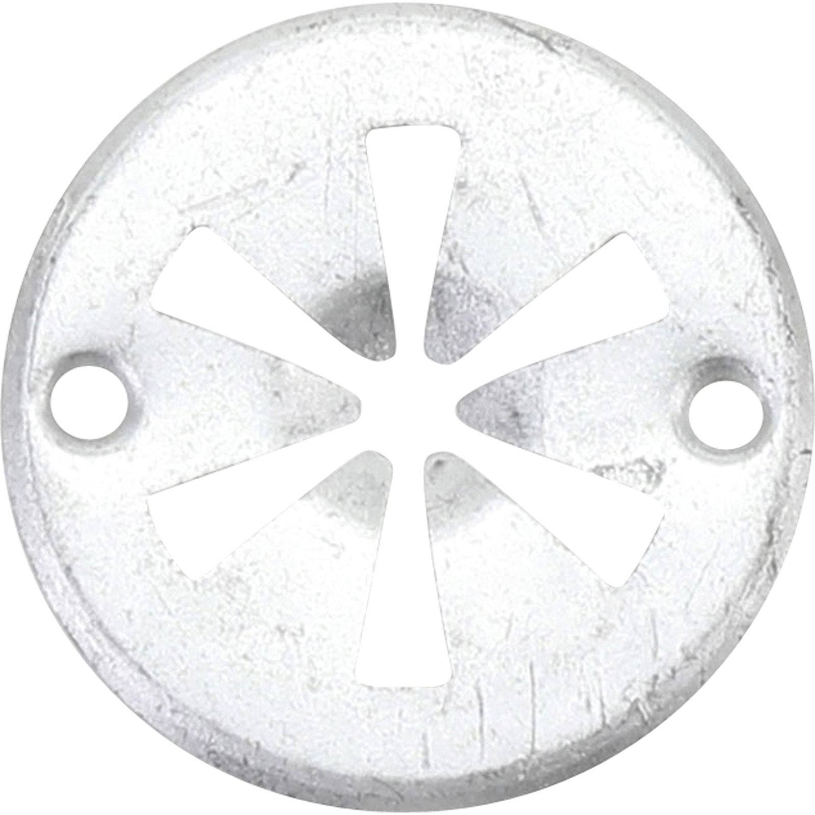 Ein rundes, metallisches Lüftungsgitter mit einem fächerartigen Muster und zwei Befestigungslöchern für die Installation.