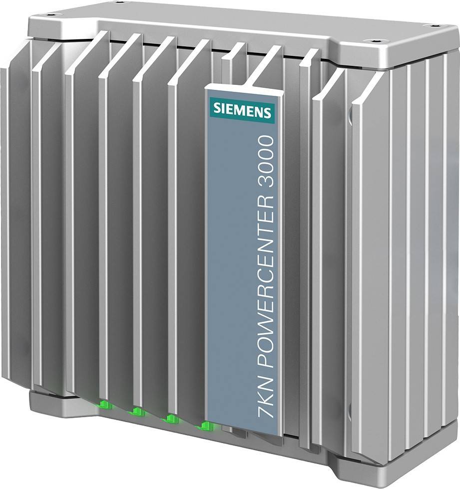 Silberner Siemens 7KN Powercenter 3000 Gerät mit vertikalen Kühlrippen, grünen Kontrollleuchten am unteren Rand, entwickelt für Energiemanagement.