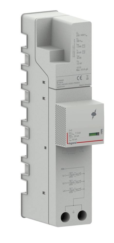 Ein Leistungsschalter mit der Bezeichnung 'Legrand' auf einer vertikalen Schiene, der 7,5A, 20kA und 50Hz anzeigt. Ausgestattet mit einer kleinen Anzeige und mehreren Rillen an der Seite.