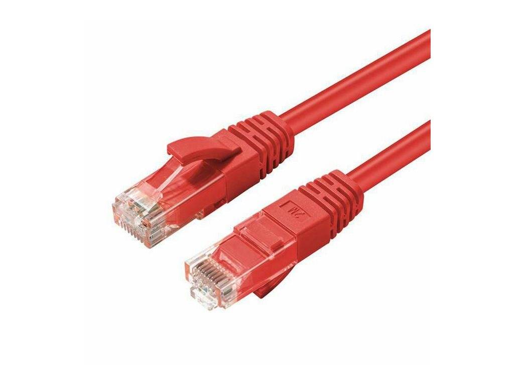 Ein rotes Ethernet-Kabel mit Anschlüssen, das für kabelgebundene Netzwerkverbindungen verwendet wird, gezeigt mit einem Ende nach oben und dem anderen Ende nach unten gerichtet.