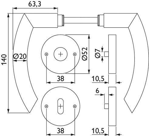 Ein technisches Diagramm einer Türklinke mit Abmessungen in Millimetern, das einen geschwungenen Griff, eine runde Platte und spezifische Abmessungen zeigt.