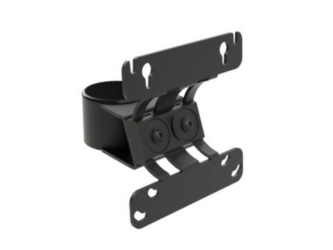 Schwarze verstellbare Wandhalterung mit Scharniermetallplatten und zylindrischem Gehäuse, wahrscheinlich zur Halterung eines Lautsprechers oder eines kleinen Geräts.