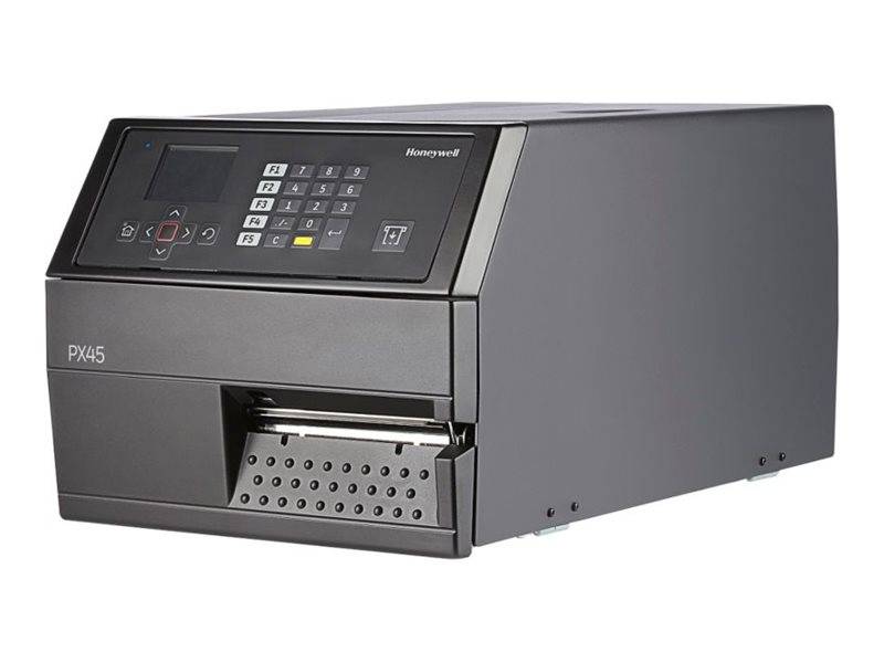 Grauer Honeywell PX45 Industrie-Etikettendrucker mit frontseitiger Bedienblende und Etikettenausgabeschlitz