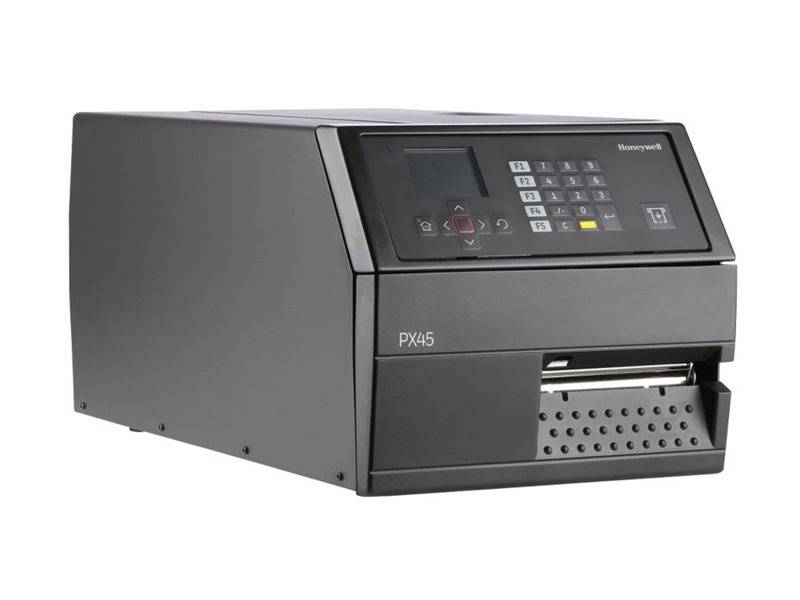 Schwarzer Industrie-Etikettendrucker mit Tastatur und Display, angewinkelt auf weißem Hintergrund gezeigt.
