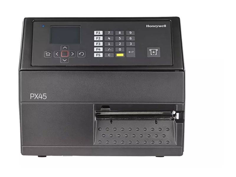 Honeywell PX45 Industrie-Etikettendrucker mit kleinem Display, Tastatursteuerung und vorderer Etikettenausgabeschale