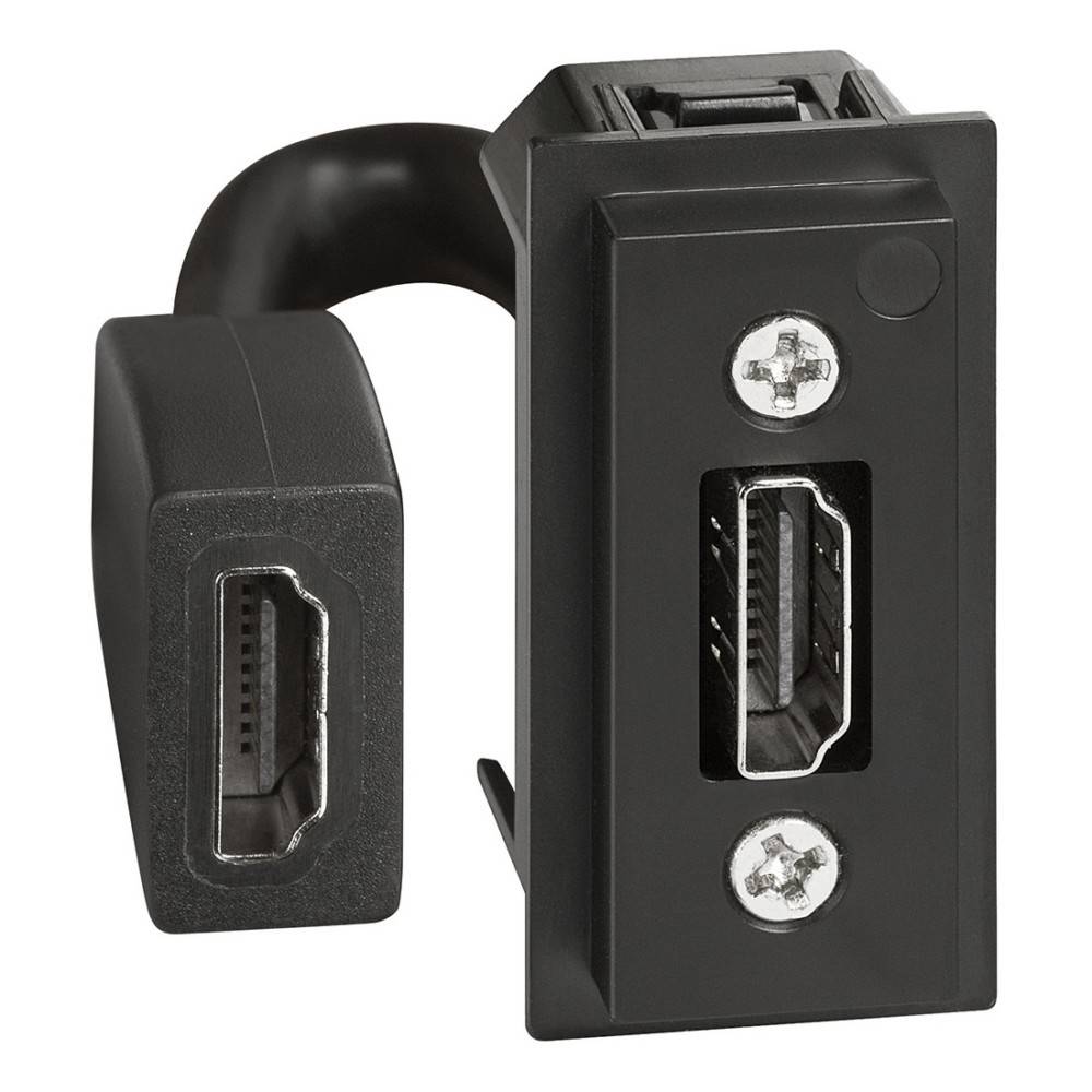 DisplayPort-Adapterkabel mit Dual-Port-Anschlüssen, wobei ein Ende ein rechtwinkeliger männlicher DisplayPort-Stecker und das andere Ende ein weiblicher Einbau-DisplayPort-Anschluss ist.