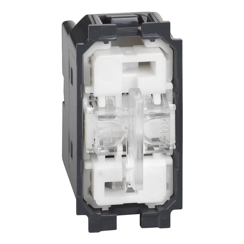 Ein klarer elektrischer Schaltmechanismus in einem schwarzen Gehäuse, der die internen Komponenten zeigt und darauf hindeutet, dass es sich um ein nicht zusammengebautes Teil eines Schaltgeräts handelt.