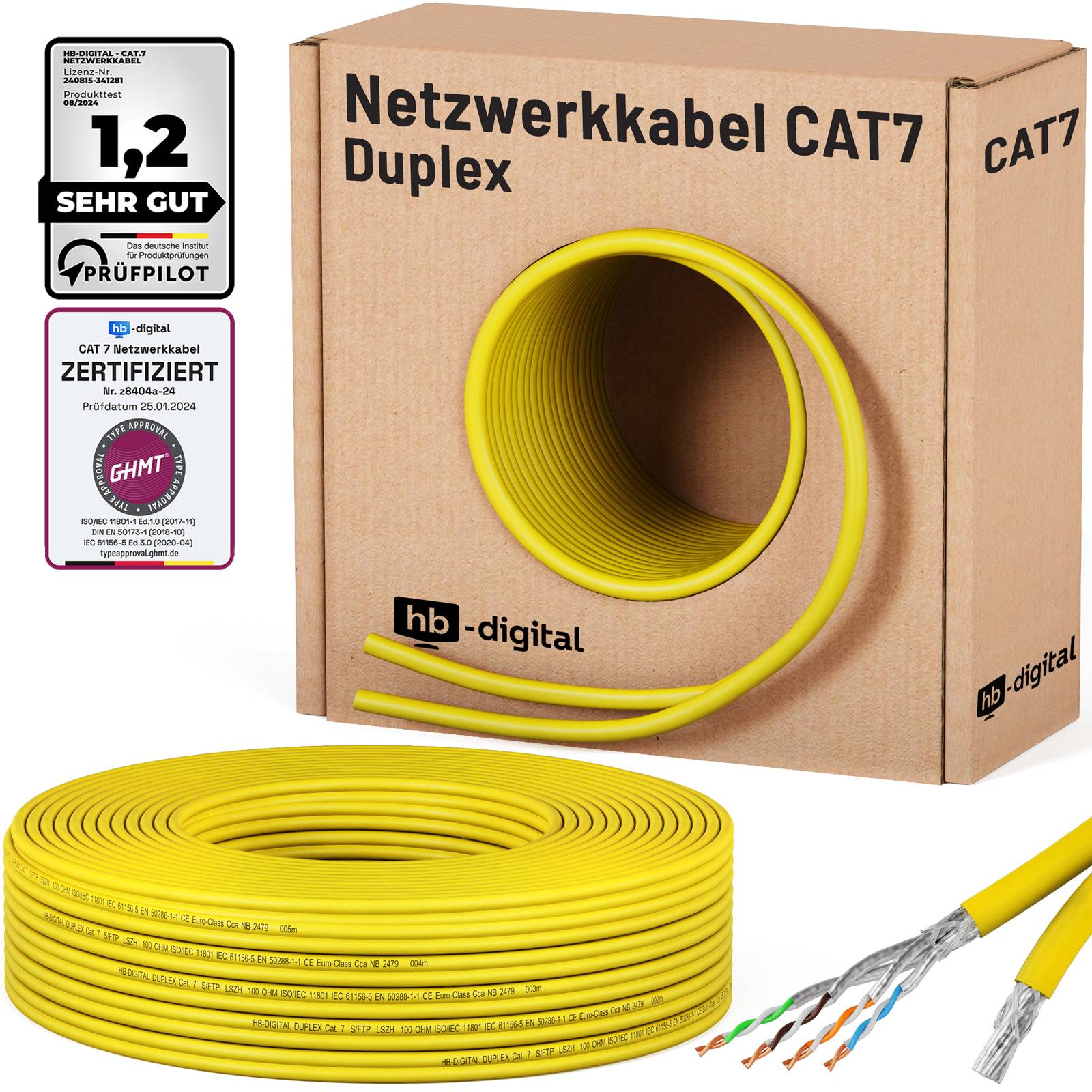 hb-digital CAT 7 Kabel 25m Ethernetkabel Duplex S/FTP AWG23 LSZH gelb