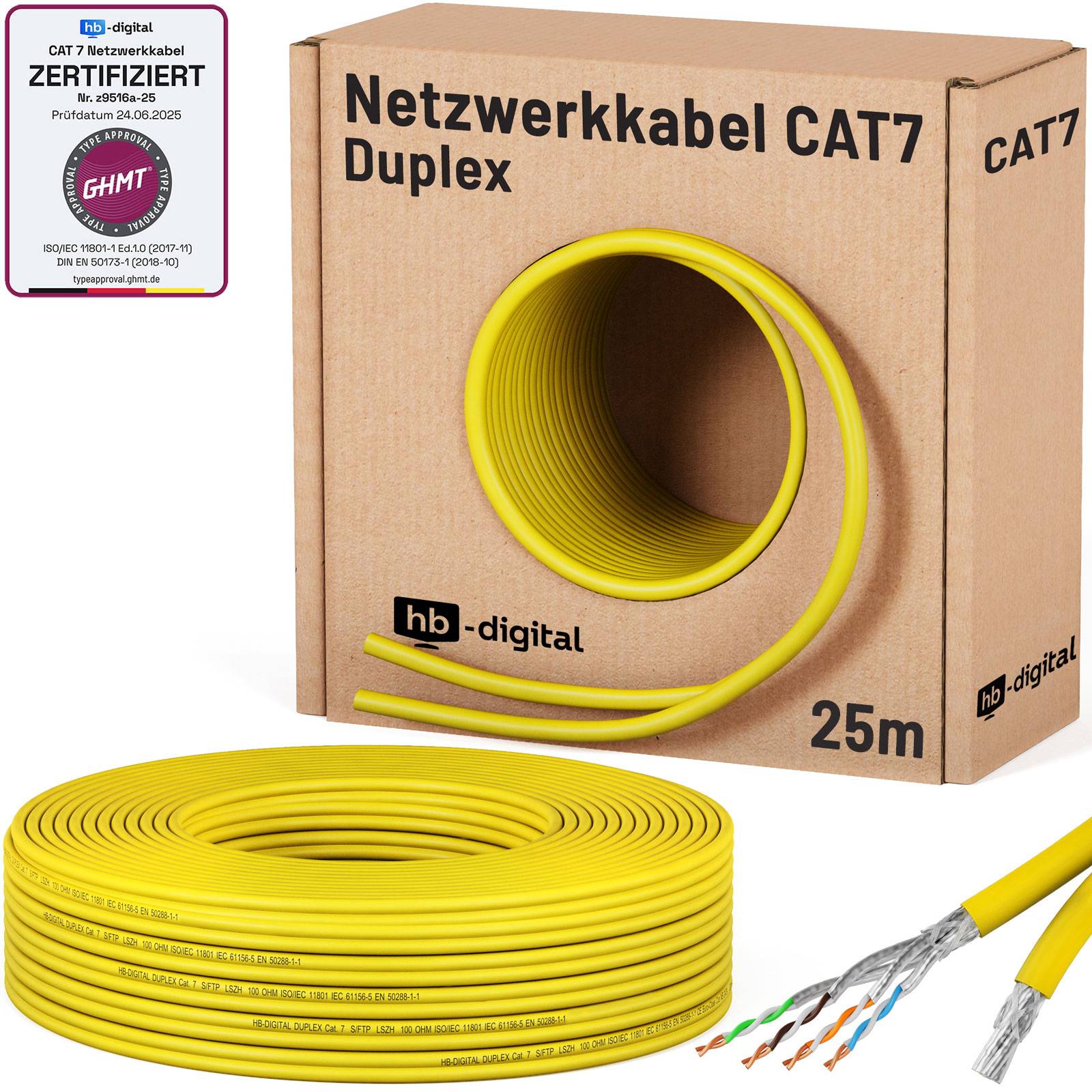 Boxed gelbes CAT7-Duplex-Netzwerkkabel, 25 m, mit Zertifizierungsetikett und freigelegten Steckerenden.