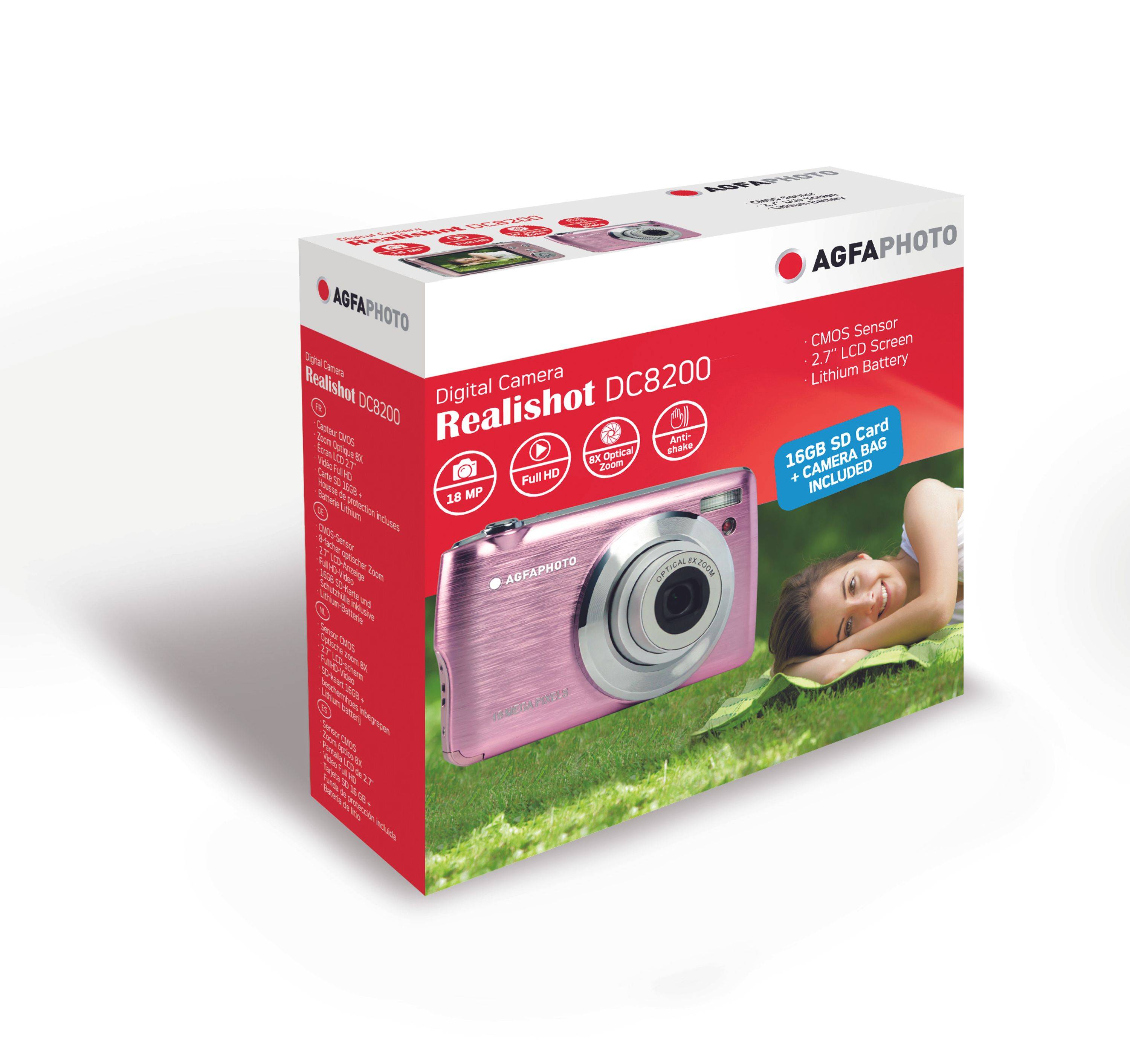AgfaPhoto Realishot DC8200 - 21 MP Digitalkamera Pink, CMOS Sensor, 8X Optischer Zoom, Full HD Videoaufnahme