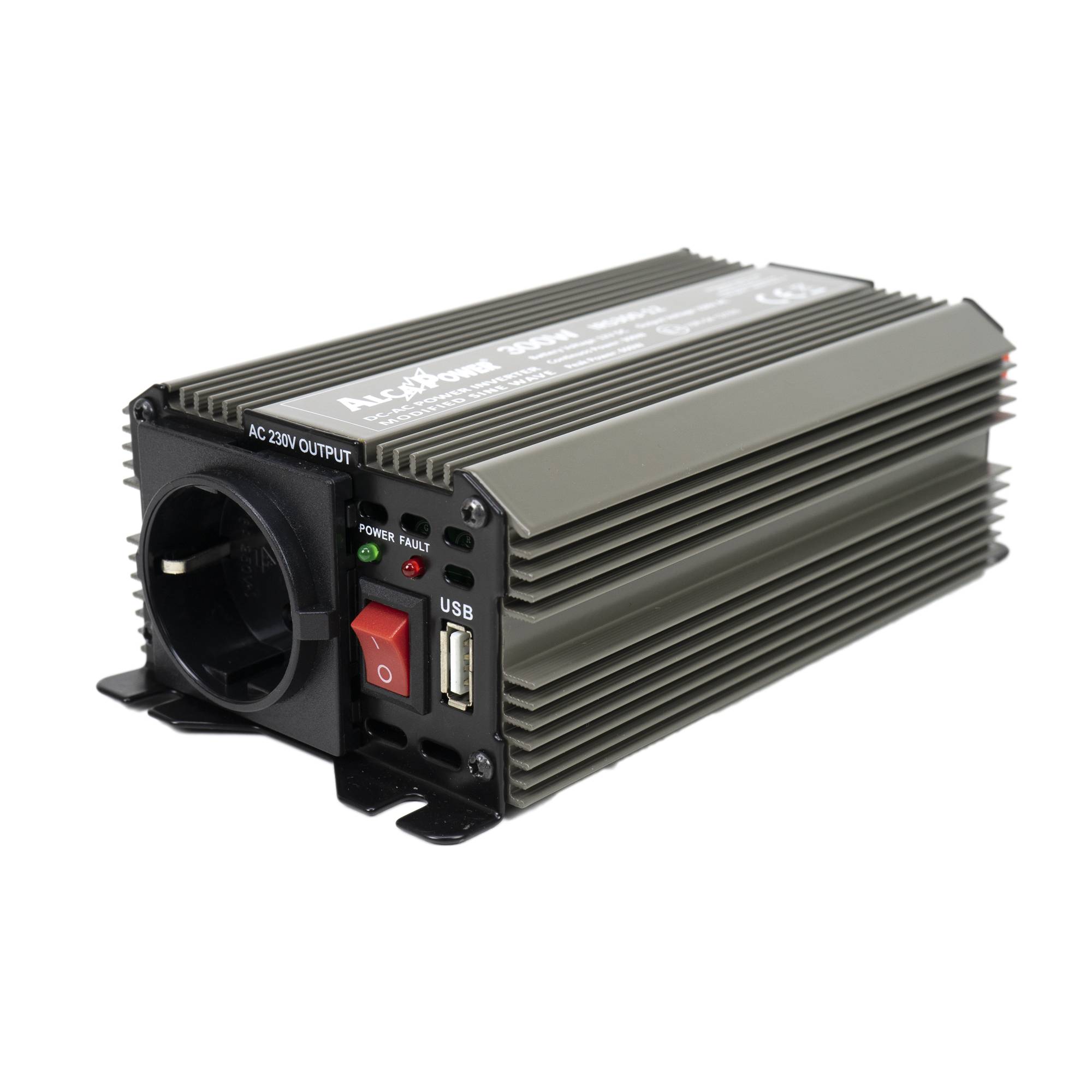 RO: Invertor de tensiune AlcaPower by President 300W alimentare 12V, iesire 230V, unda sinus modificata, mufa USB 5V 500mAh, cu clesti alimentare