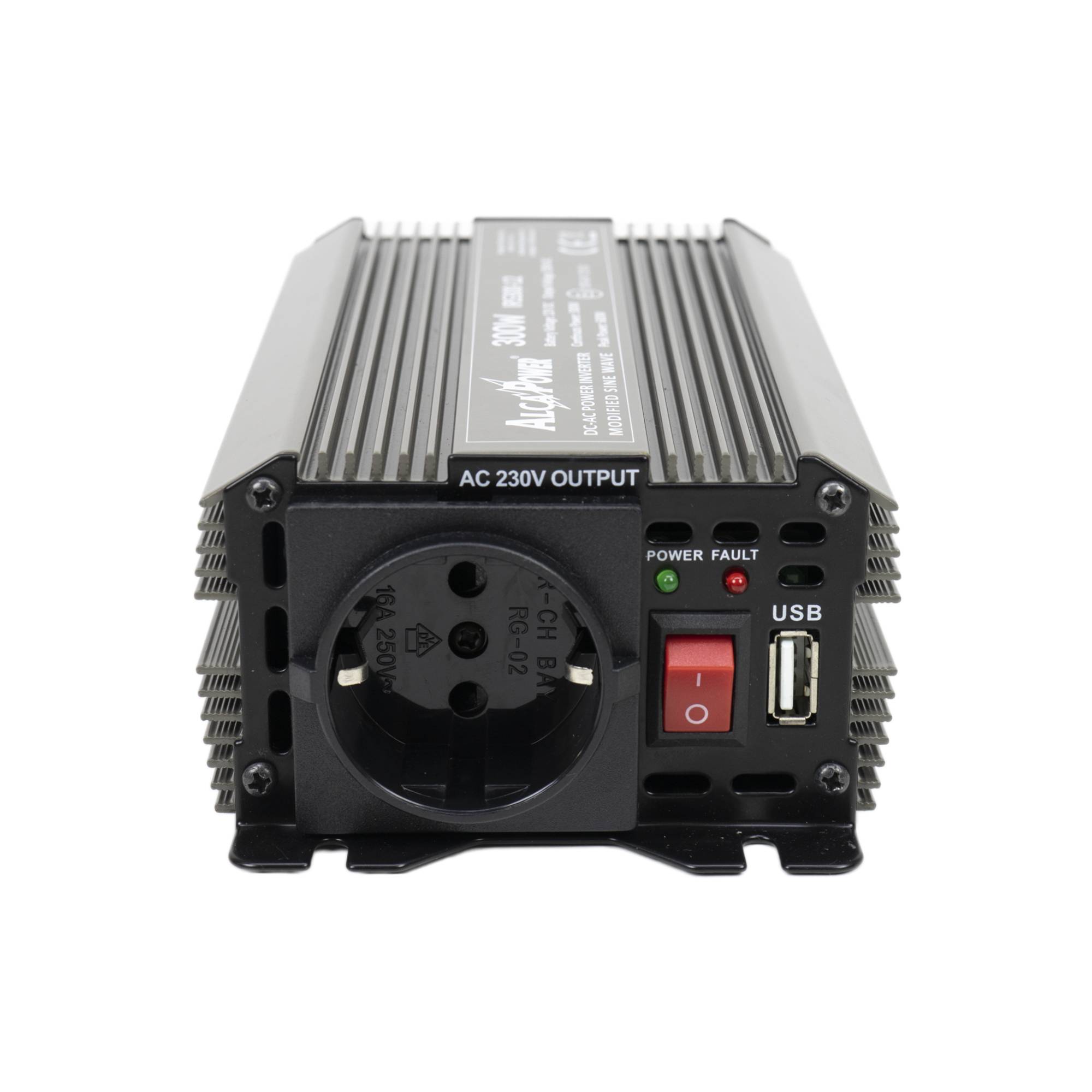 RO: Invertor de tensiune AlcaPower by President 300W alimentare 12V, iesire 230V, unda sinus modificata, mufa USB 5V 500mAh, cu clesti alimentare