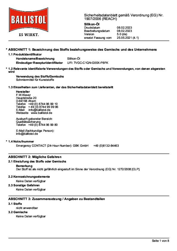 Silikon-Öl farblos 5l Kanister BALLISTOL