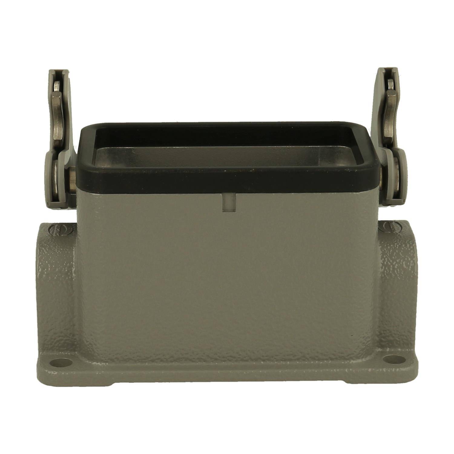 Ein rechteckiges, graues mechanisches Bauteil mit zwei Metallverriegelungen oben, das für industrielle oder elektronische Verbindungen verwendet wird.