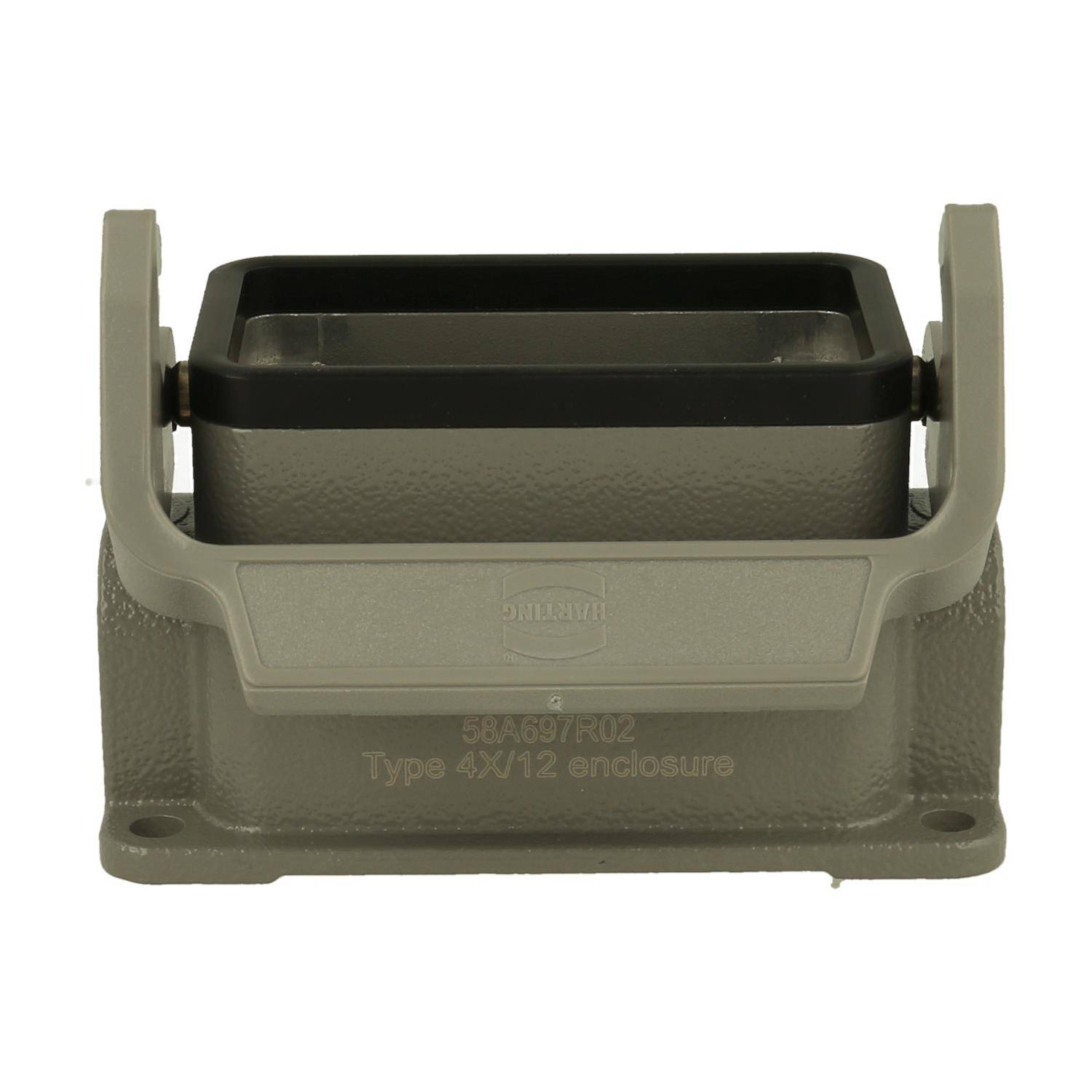 Elektrische Anschlussgehäuse mit rechteckiger Öffnung, gekennzeichnet als ‚Typ 4X/12 Gehäuse'. Aus Metall mit grauer Beschichtung.