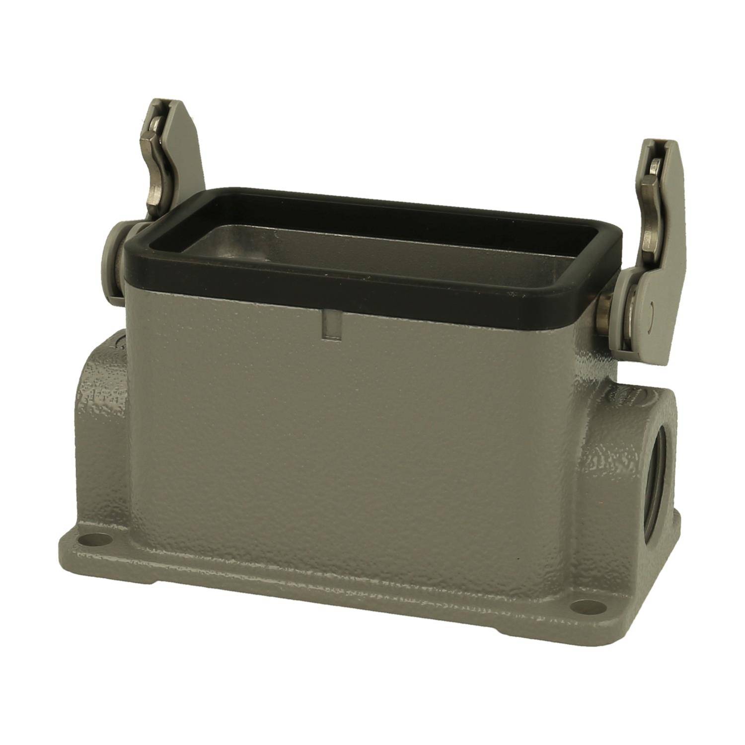 Ein industrielles rechteckiges Anschlussgehäuse mit zwei Metallverriegelungen an jeder Seite, verwendet in elektrischen Anwendungen.