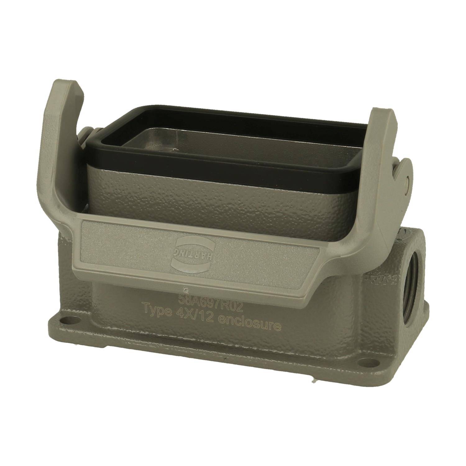 Ein rechteckiges Gehäuse für einen robusten Verbindungsstecker mit seitlichen Verriegelungen, gekennzeichnet als 