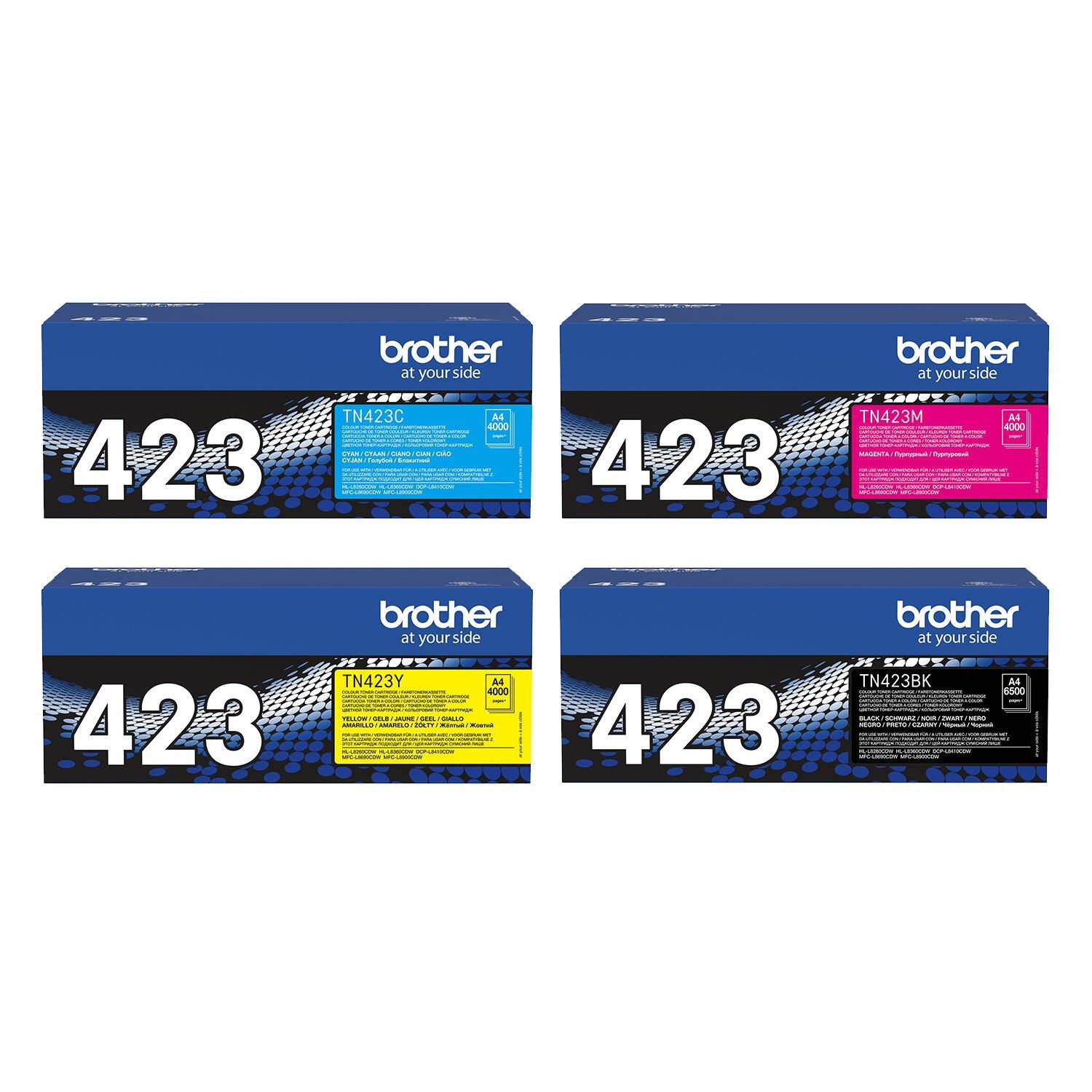Vier Brother TN423 Tonerkassetten in Cyan, Magenta, Gelb und Schwarz, gezeigt als Produktkartons mit der Bezeichnung 423.