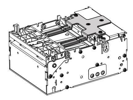 Linienzeichnung einer kastenförmigen mechanischen Drucker- oder Scannerbaugruppe mit Schienen, Rollen und Montageplaten in Perspektivdarstellung.