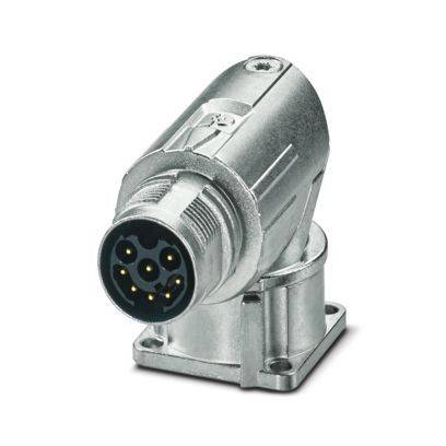 M23-Stecker aus Metall mit 90-Grad-Winkelelement, konzipiert für sichere elektrische Verbindungen in Industrieanwendungen.