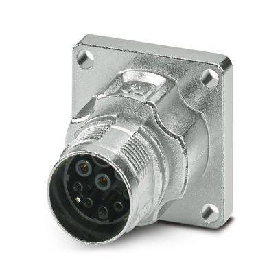 Ein Metallstecker mit quadratischer Grundfläche und mehreren Buchsenkontakten, ausgelegt für sichere Befestigung in Geräteöffnungen.