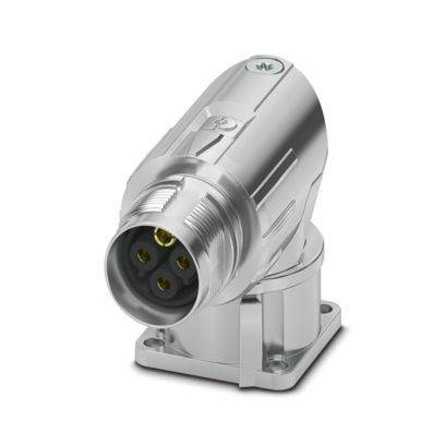 Silberner metallischer Winkelstecker für industrielle Anwendungen mit drei Goldkontakten, ausgelegt für robuste elektrische Verbindungen in Maschinenumgebungen.