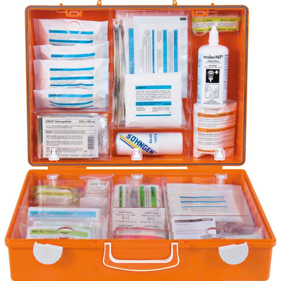 SÖHNGEN® Erste-Hilfe-Koffer Elektrotechnik, gemäß DIN 13157, orange, Wandhalterung