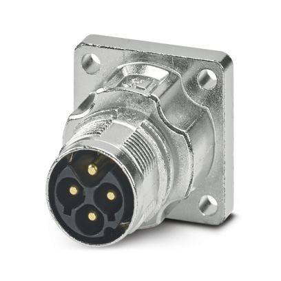 Ein auf dem Bedienfeld montierter Metallsteckverbinder mit vier Kontakten, entworfen für robuste elektrische Verbindungen in Industrieanwendungen.