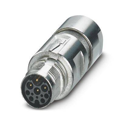 Ein silberner, kreisförmiger Metallstecker mit mehreren kleinen Stiften und einem Verriegelungsmechanismus, entworfen für industrielle oder elektronische Anwendungen.