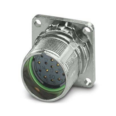 Ein metallischer kreisförmiger elektrischer Stecker mit mehreren Stiften, montiert auf einer quadratischen Silberplatte mit vier Schraubenlöchern zur Installation.