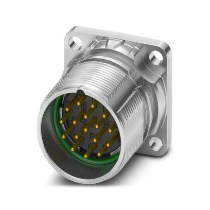 Ein kreisförmiger Metallstecker für elektrische Verbindungen mit mehreren vergoldeten Kontaktstiften, konzipiert für die Befestigung über eine quadratische Montageplatte mit vier Bohrungen.