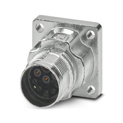 Ein metallischer, quadratisch geflanschter Industriestecker mit mehreren runden Stiften für elektrische Verbindungen, ausgelegt zur Panelmontage.