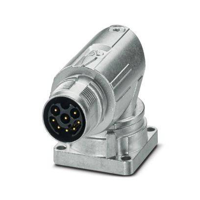 „Ein Metallstecker mit 5 Kontakten und abgewinkeltem Design, montiert auf einer quadratischen Basis, verwendet für Industrieverbindungen.