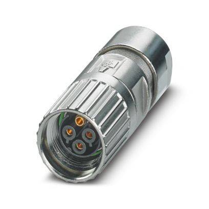 Ein metallischer, zylindrischer Steckverbinder mit vier Bohrungen, konzipiert für sichere elektrische Verbindungen, zeigt eine gerippte Griffzone zum Handhaben.