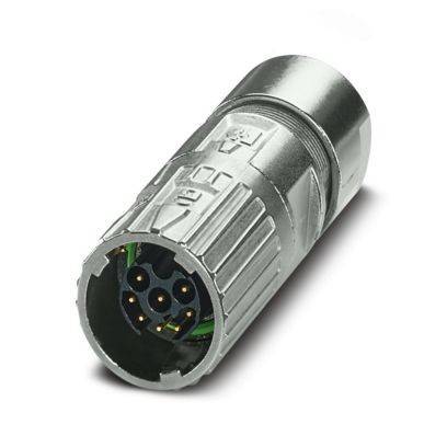 Ein metallischer zylindrischer Elektrostecker mit mehreren sichtbaren Stiften im Inneren, der zum Verbinden von Kabeln in elektronischen Geräten verwendet wird.