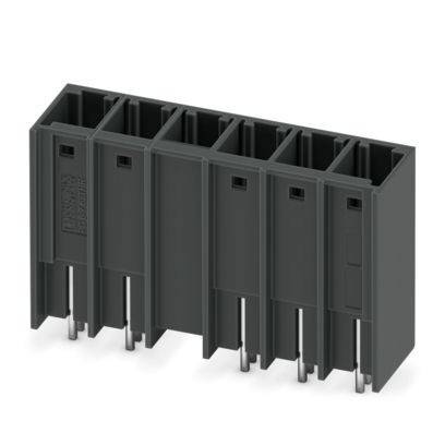Ein sechspoliger Klemmblock aus schwarzem Kunststoff mit Metallkontakten an der Basis, wahrscheinlich für Elektro- oder Elektronikanwendungen.
