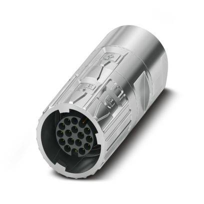 Ein zylindrischer elektrischer Stecker mit mehreren Stiften zur Signalübertragung oder Stromversorgung, mit einem metallischen Außengehäuse.