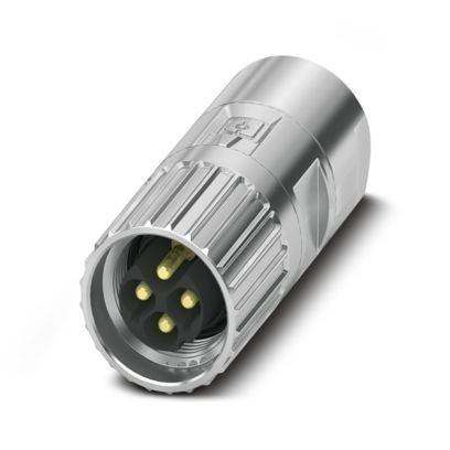 Ein silberner vierpoliger Elektrostecker mit zylindrischer Form, der häufig in industriellen Anwendungen für sichere Verdrahtungsverbindungen verwendet wird.