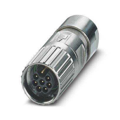 Eine Nahaufnahme eines zylindrischen Metallmultistecker-Verbinders mit gerilltem Griff und sichtbaren Stiften, der für industrielle oder elektronische Verbindungen verwendet wird.