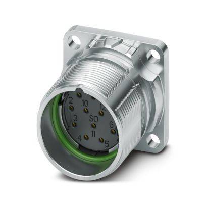 Ein kreisförmiger Metallstecker mit mehreren Stiften, der in einer quadratischen Basis montiert ist und für elektrische Verbindungen verwendet wird.