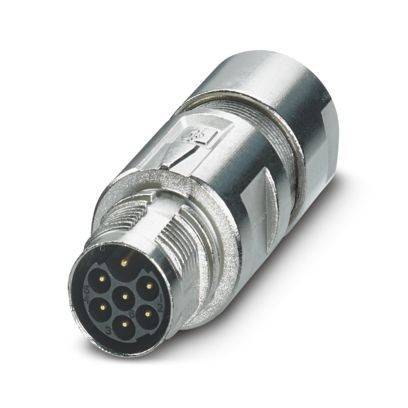 Ein silberner, zylindrischer elektrischer Stecker mit mehreren schwarzen Stiften zur Erleichterung von Verbindungen in elektronischen Systemen.